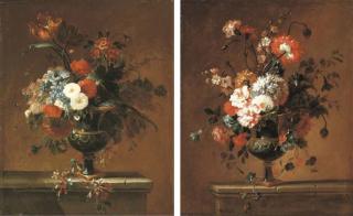 Jacques-Charles Dutillieu - Carnations, peonies, narcissi and other flowers in an urn on a ledge; and A parrot tulip, peonies and other flowers in an urn on a ledge