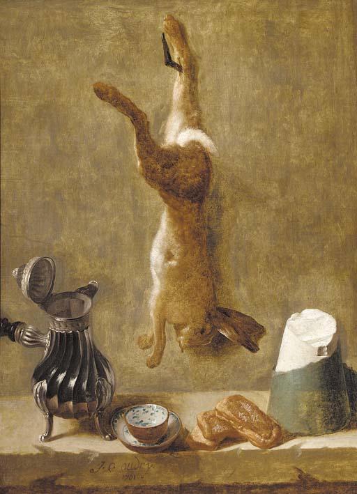 Jacques-Charles Oudry - A dead hare hanging from a nail with coffee pot, cup and saucer, pastries and block of salt on a ledge