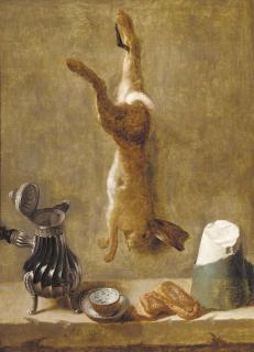 Jacques-Charles Oudry - A dead hare hanging from a nail with coffee pot, cup and saucer, pastries and block of salt on a ledge