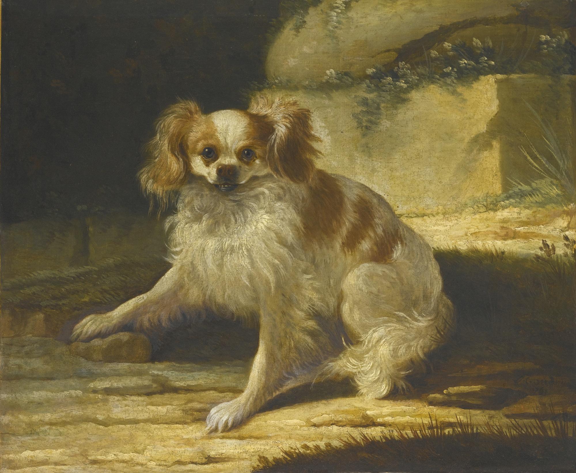 Jacques-Charles Oudry - A Portrait Of A Brown And White Toy Spaniel In A Landscape