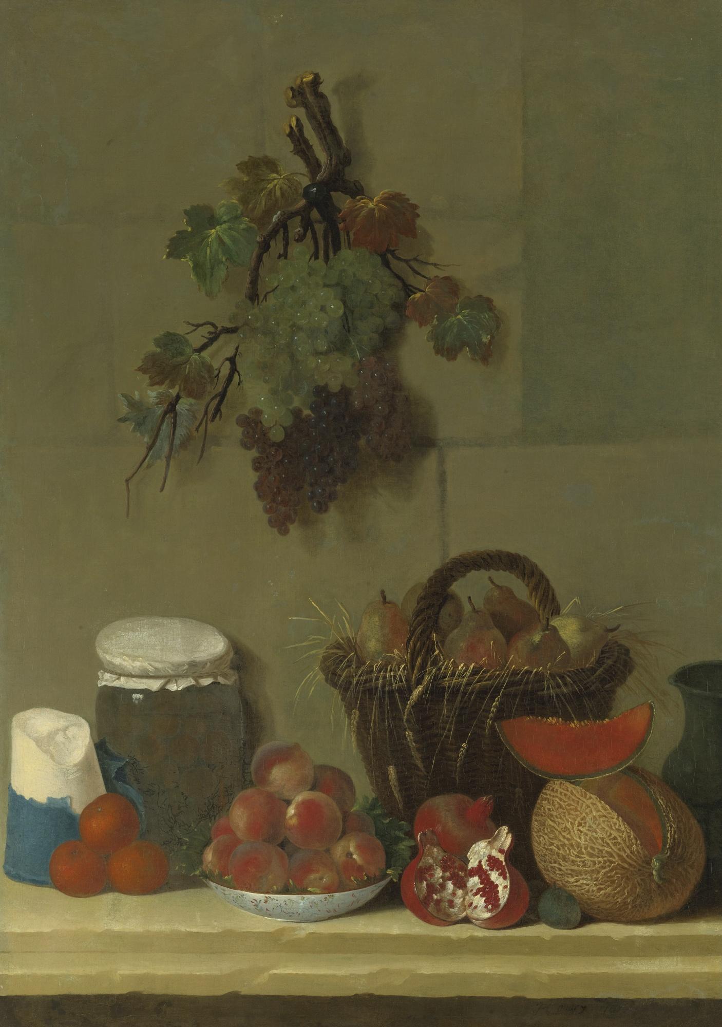 Jacques-Charles Oudry - A Still Life With A Wheat Lined Basket Of Pears, A Jug, A Melon, A Bowl Of Peaches, Oranges, Cheese And A Jar Of Cherries On A Ledge, Bunches Of Grapes Hanging Above