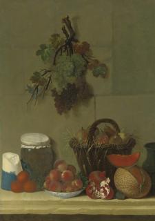 Jacques-Charles Oudry - A Still Life With A Wheat Lined Basket Of Pears, A Jug, A Melon, A Bowl Of Peaches, Oranges, Cheese And A Jar Of Cherries On A Ledge, Bunches Of Grapes Hanging Above