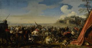 Jacques Courtois - A Battle Scene With Soldiers On Horseback, A Walled City Raised On A Hill Beyond