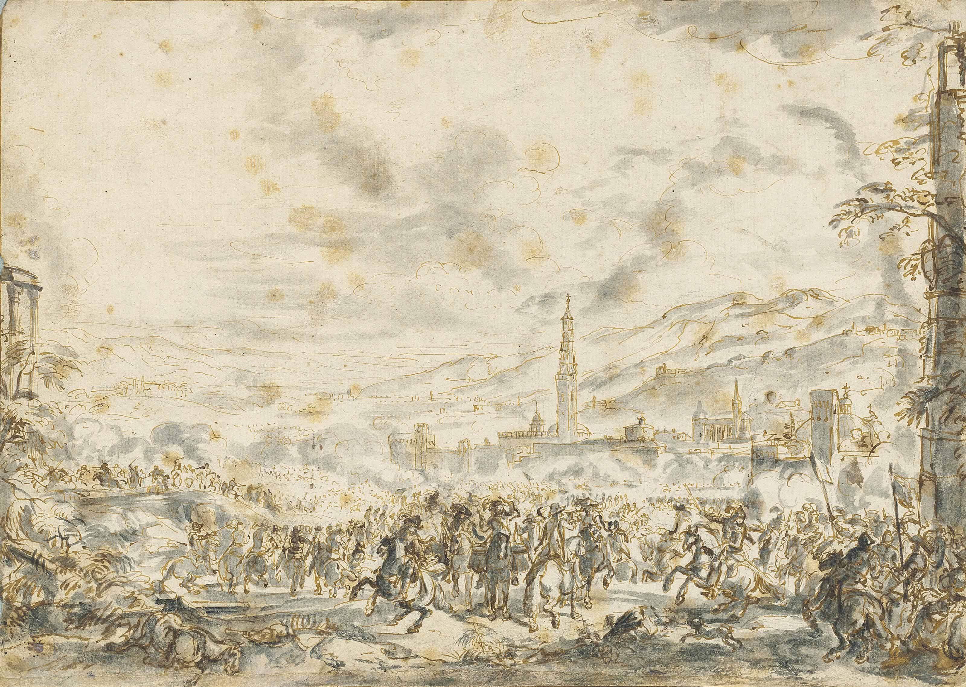 Jacques Courtois - A Battlefield Before A Town, Mountains In The Background