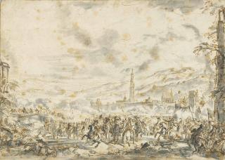 Jacques Courtois - A Battlefield Before A Town, Mountains In The Background