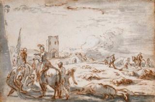 Jacques Courtois - Des cavaliers secourant des bléssés sur un champ de bataille