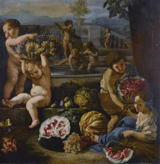 Jacques Courtois - Putti And Children Surrounded By Fruit, Formal Gardens Beyond