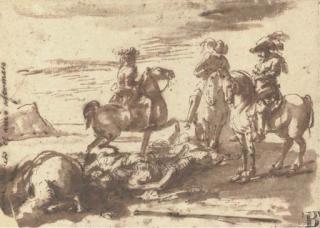 Jacques Courtois - Trois Cavaliers Près D\'Un Cheval Et Un Homme À Terre