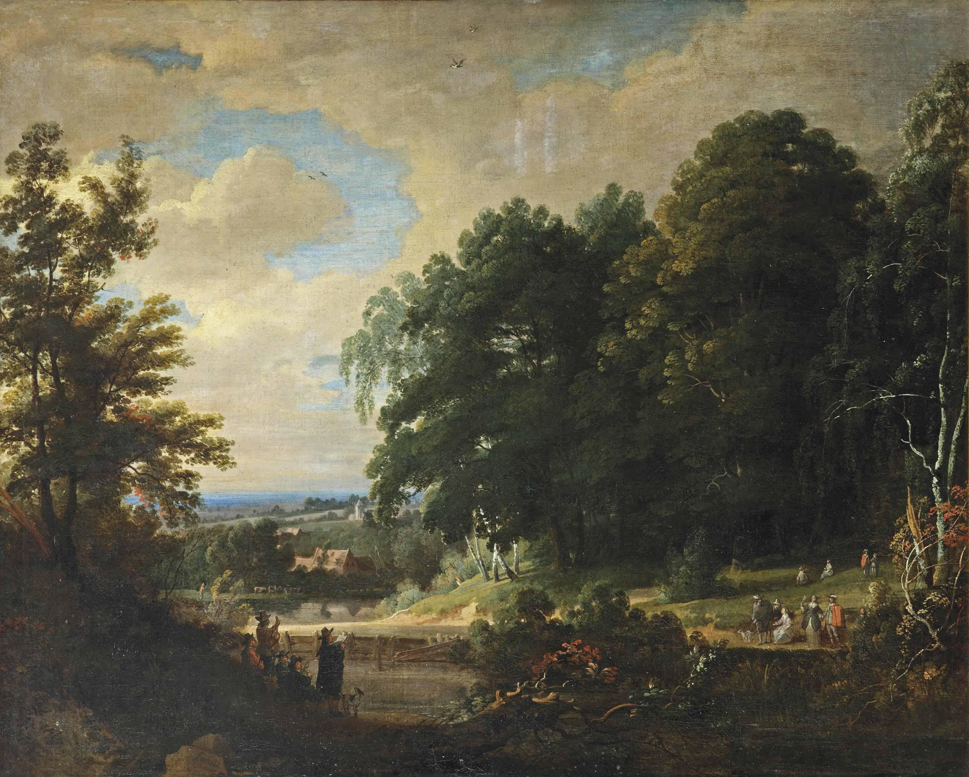 Jacques D\'Arthois - A Forest Landscape With Figures Making Music And Singing To An Elegant Company, A Village Beyond