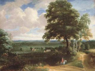 Jacques d\'Arthois - A panoramic landscape with a huntsman on a path and a manor house with formal gardens beyond