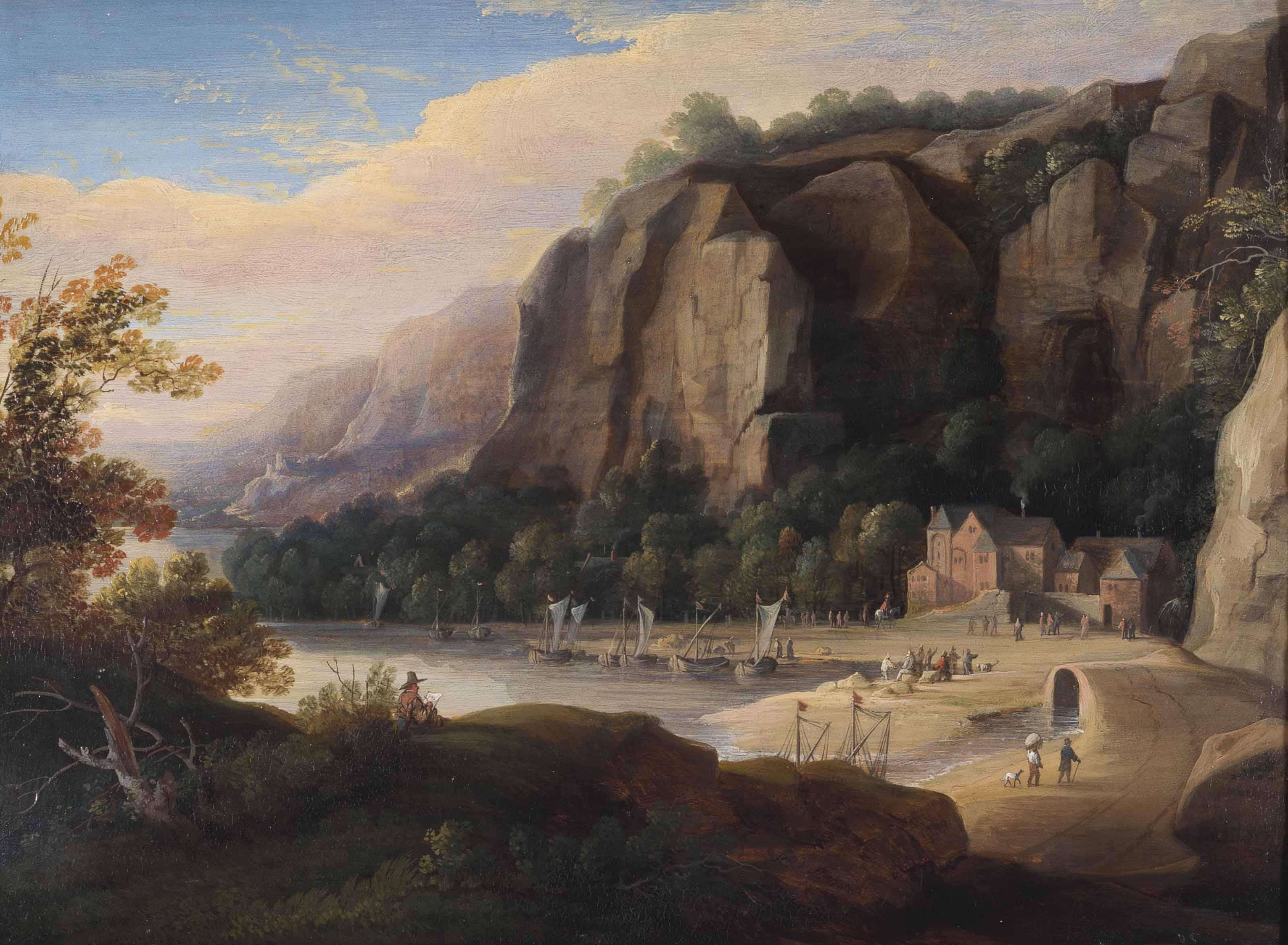 Jacques D\'Arthois - A Rocky Cove With Fisherfolk On The Shore, An Artist Sketching In The Foreground