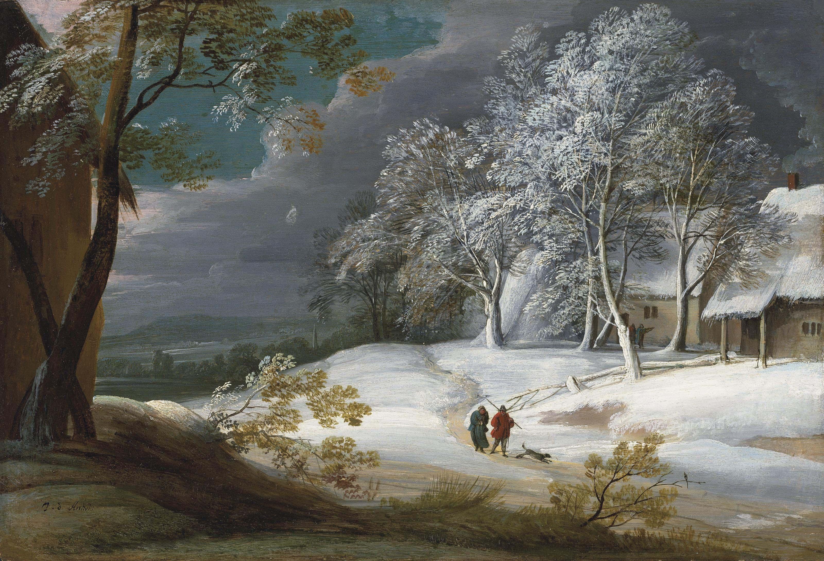 Jacques d\'Arthois - A winter landscape with figures and a dog on a track, cottages beyond