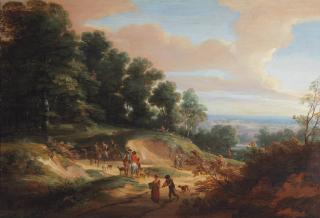 Jacques d\'Arthois - A wooded hillside with travellers passing a hunting party