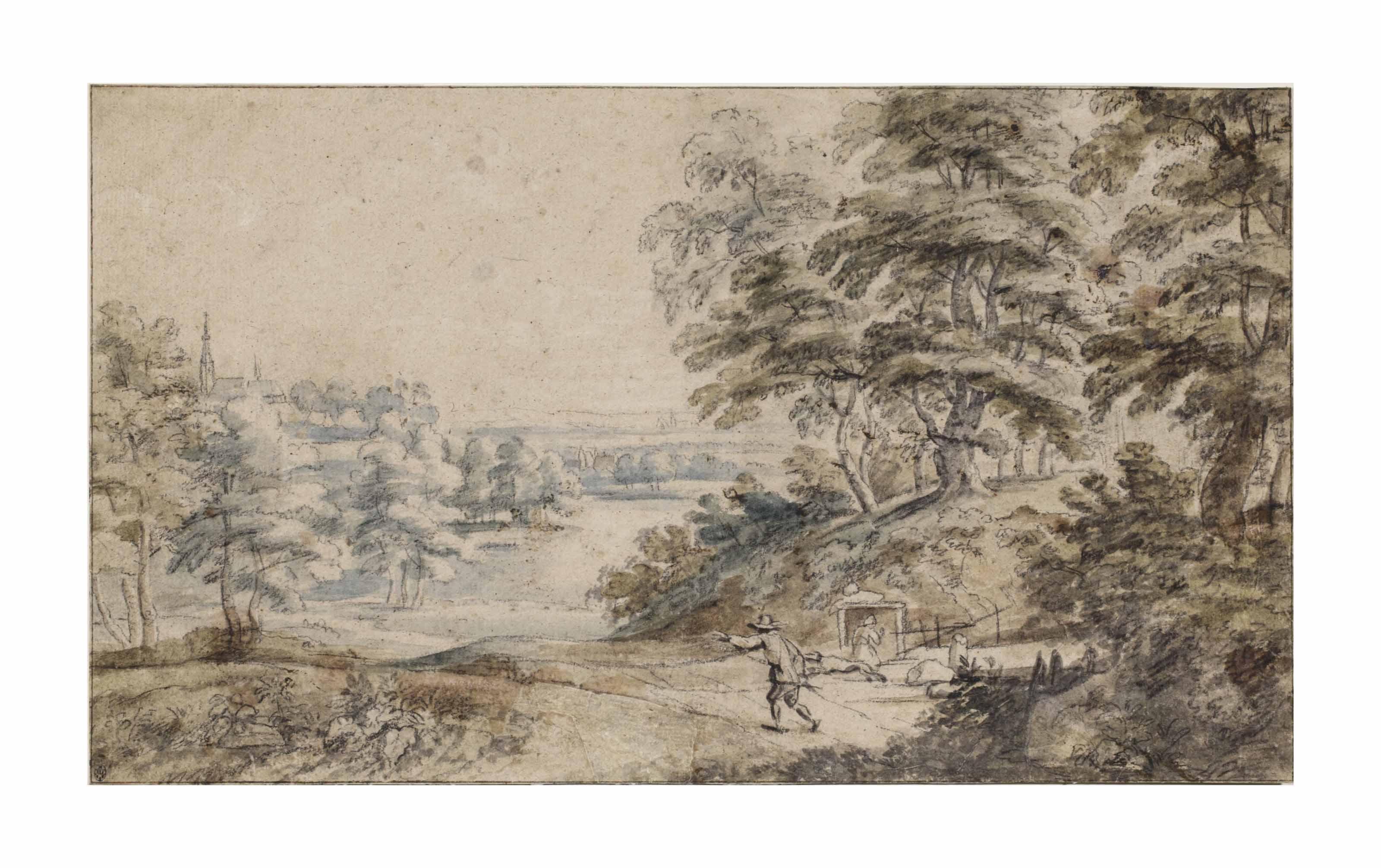 Jacques D\'Arthois - A wooded landscape with a huntsman