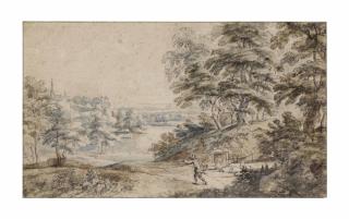 Jacques D\'Arthois - A wooded landscape with a huntsman