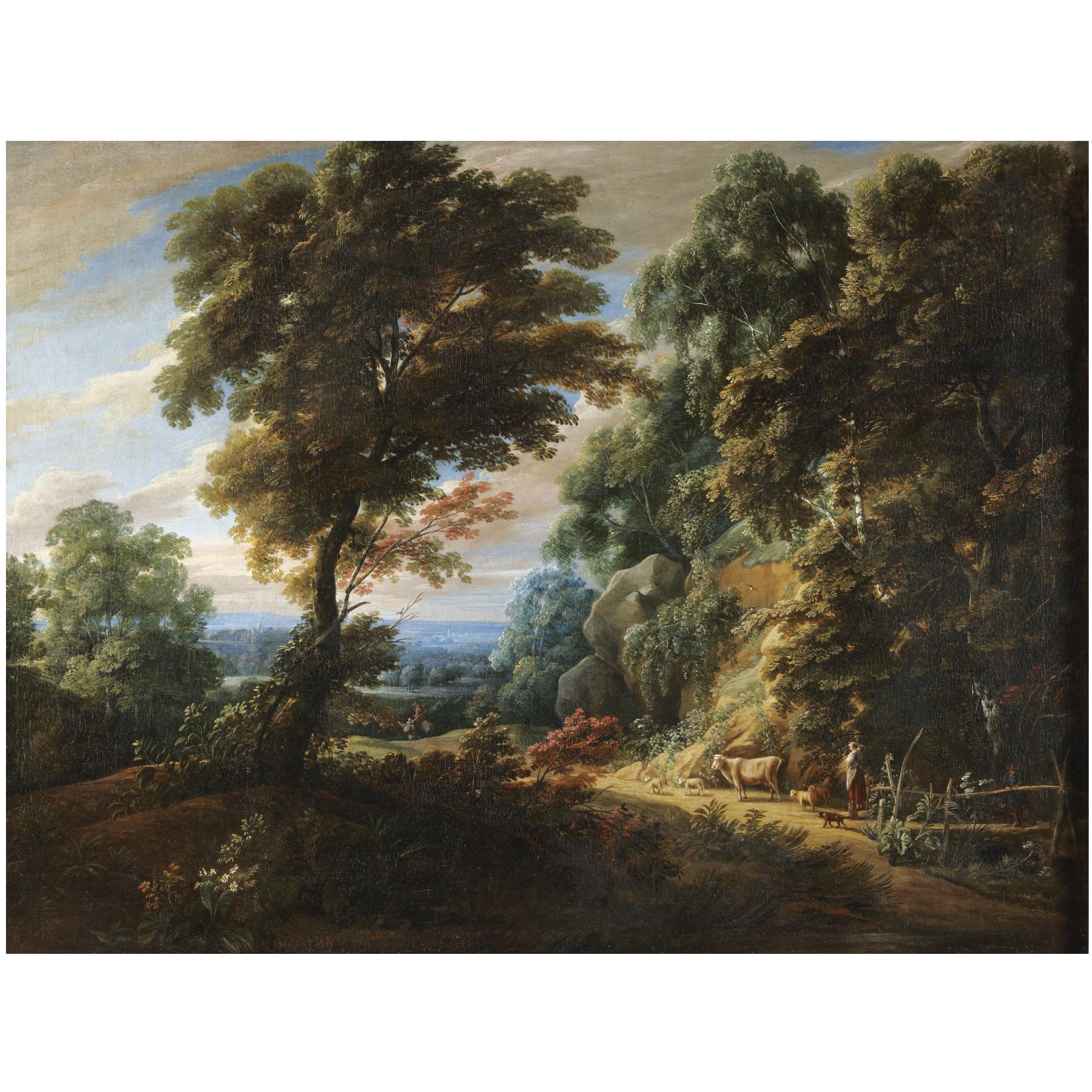Jacques d\'Arthois - A Wooded Landscape With A Shepherdess Passing A Steep Bank, Probably On The Edge Of The Fôret De Soignes