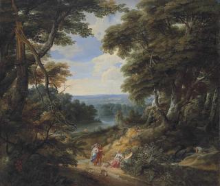 Jacques D\'Arthois - A wooded landscape with figures and a dog on a path, with a river and a castle in the distance