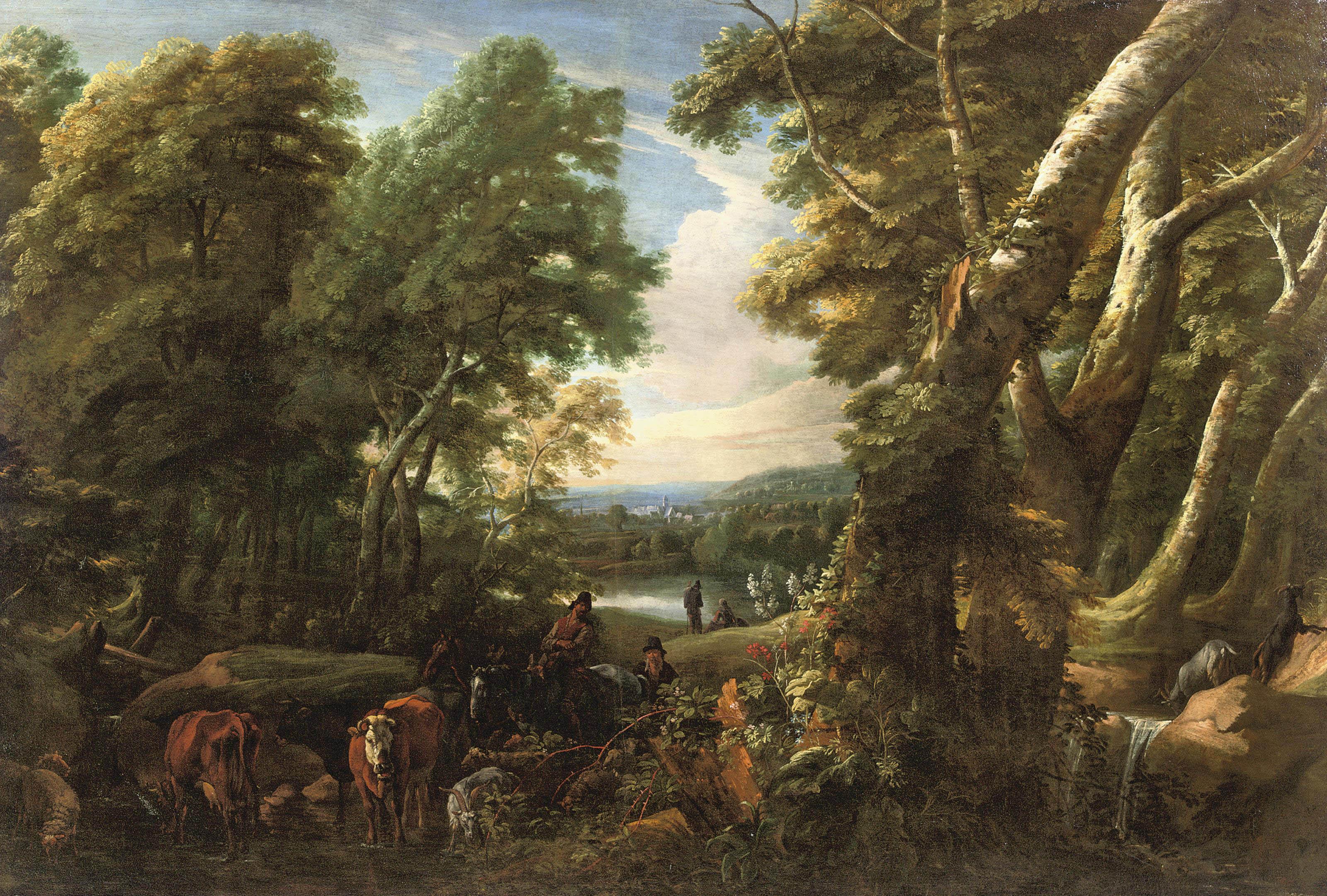 Jacques d\'Arthois - A wooded landscape with shepherds and cattle resting near a lake