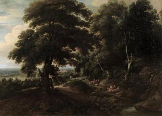 Jacques d\'Arthois - A wooded landscape with travellers on a track