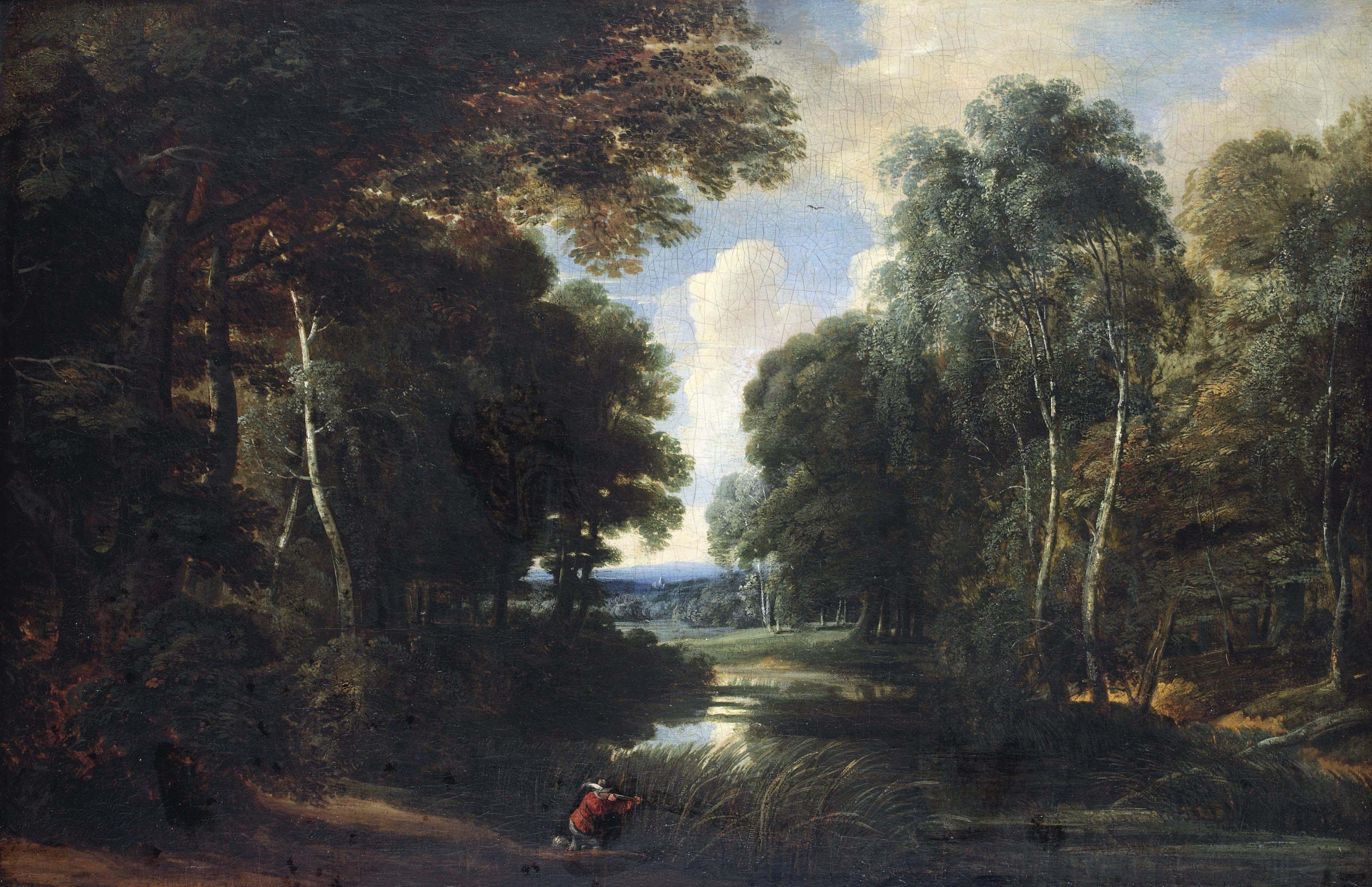 Jacques D\'Arthois - A wooded river landscape with a hunter on a path