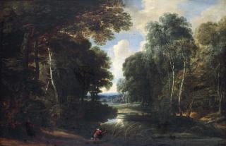 Jacques D\'Arthois - A wooded river landscape with a hunter on a path