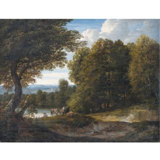 Jacques d\'Arthois - A Wooded River Landscape With Cattle And Two Figures