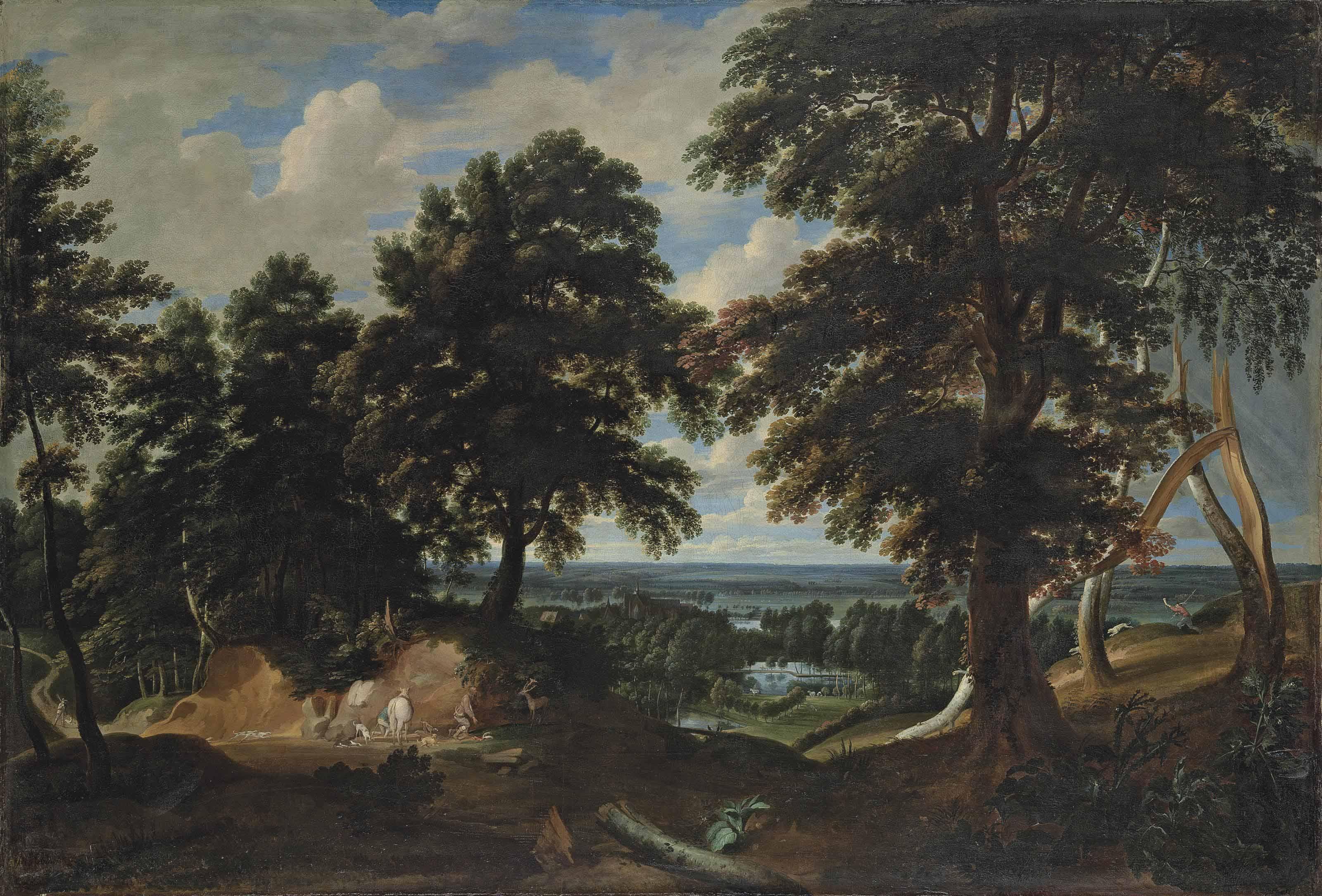 Jacques D\'Arthois - An extensive wooded landscape, with the conversion of Saint Hubert in the foreground