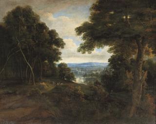 Jacques D\'Arthois - An extensive wooded landscape with travellers on a path