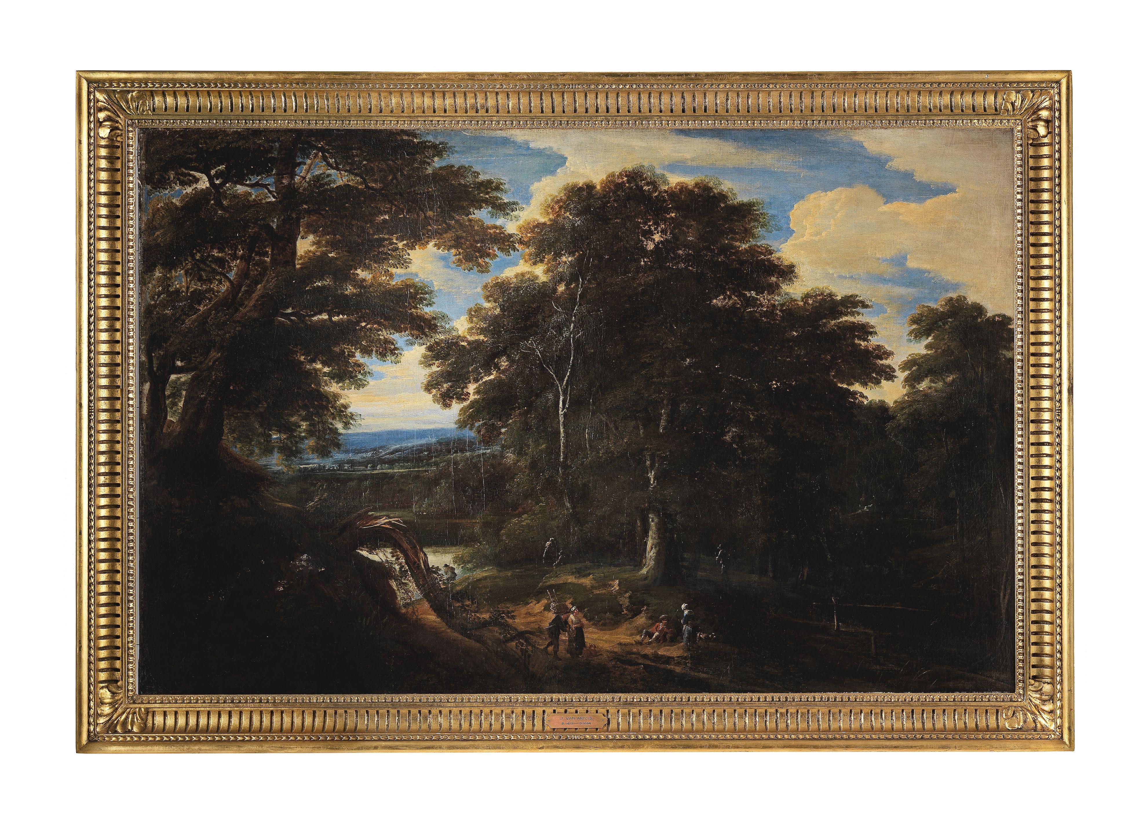 Jacques d\'Arthois - Figures on a path in an extensive wooded landscape
