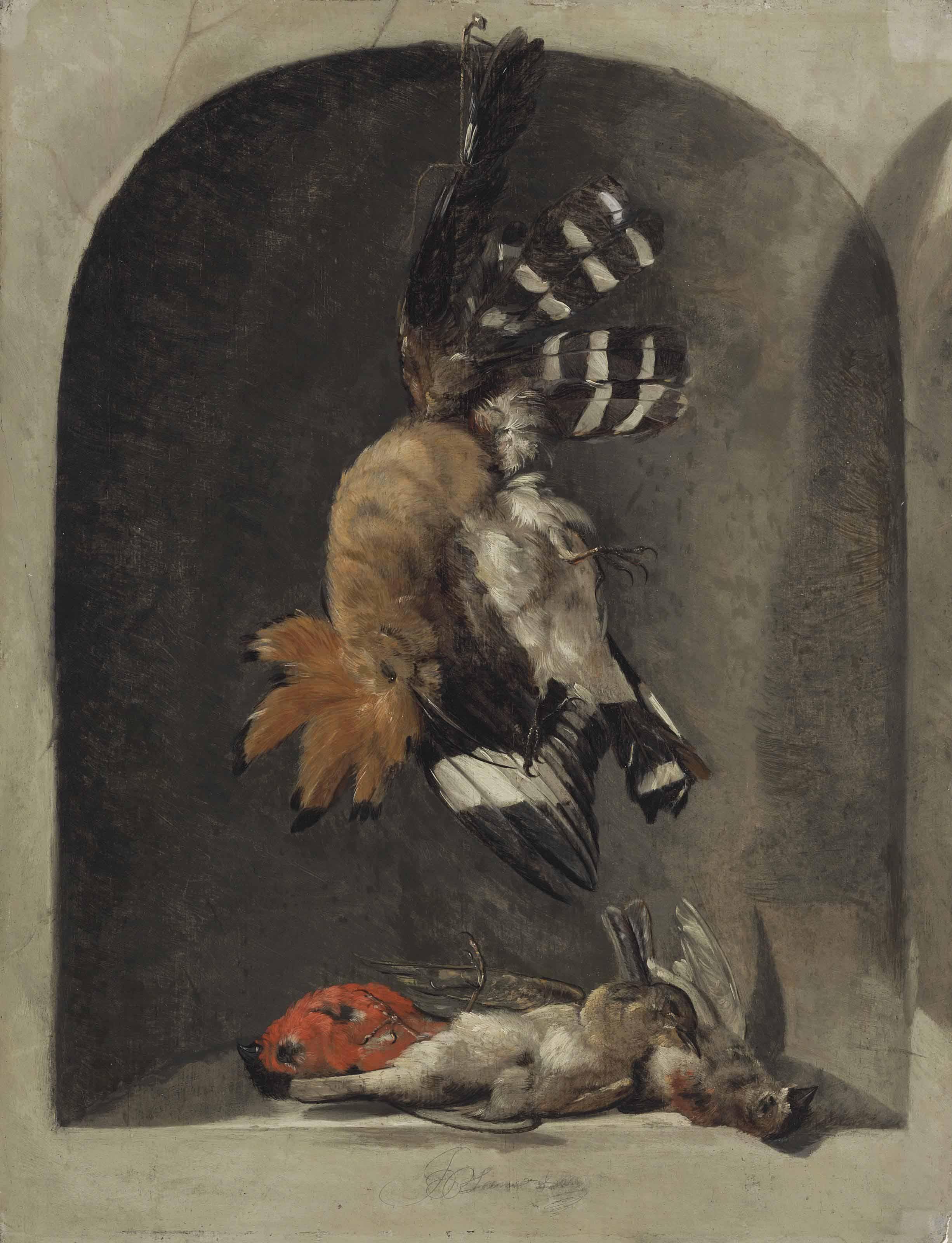 Jacques De Claeuw - A Hoopoe And Finches In A Carved Stone Niche