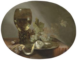 Jacques De Claeuw - A roemer of sweet wine, with grapes and a lemon on a pewter plate, on a draped table