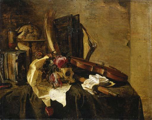 Jacques de Claeuw - A vanitas still life with a globe, books, a skull, a violin, a flute, a letter and flowers on a draped ledge