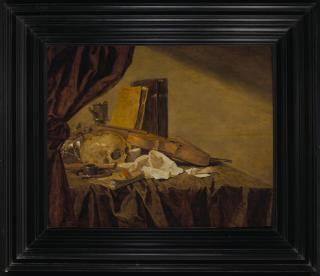 Jacques De Claeuw - A Vanitas Still Life With A Skull, Musical Instruments, Books, Playing Cards, An Ink Pot, An Overturned Tazza And An Oil Lamp On A Draped Table Behind A Partially Pulled Curtain