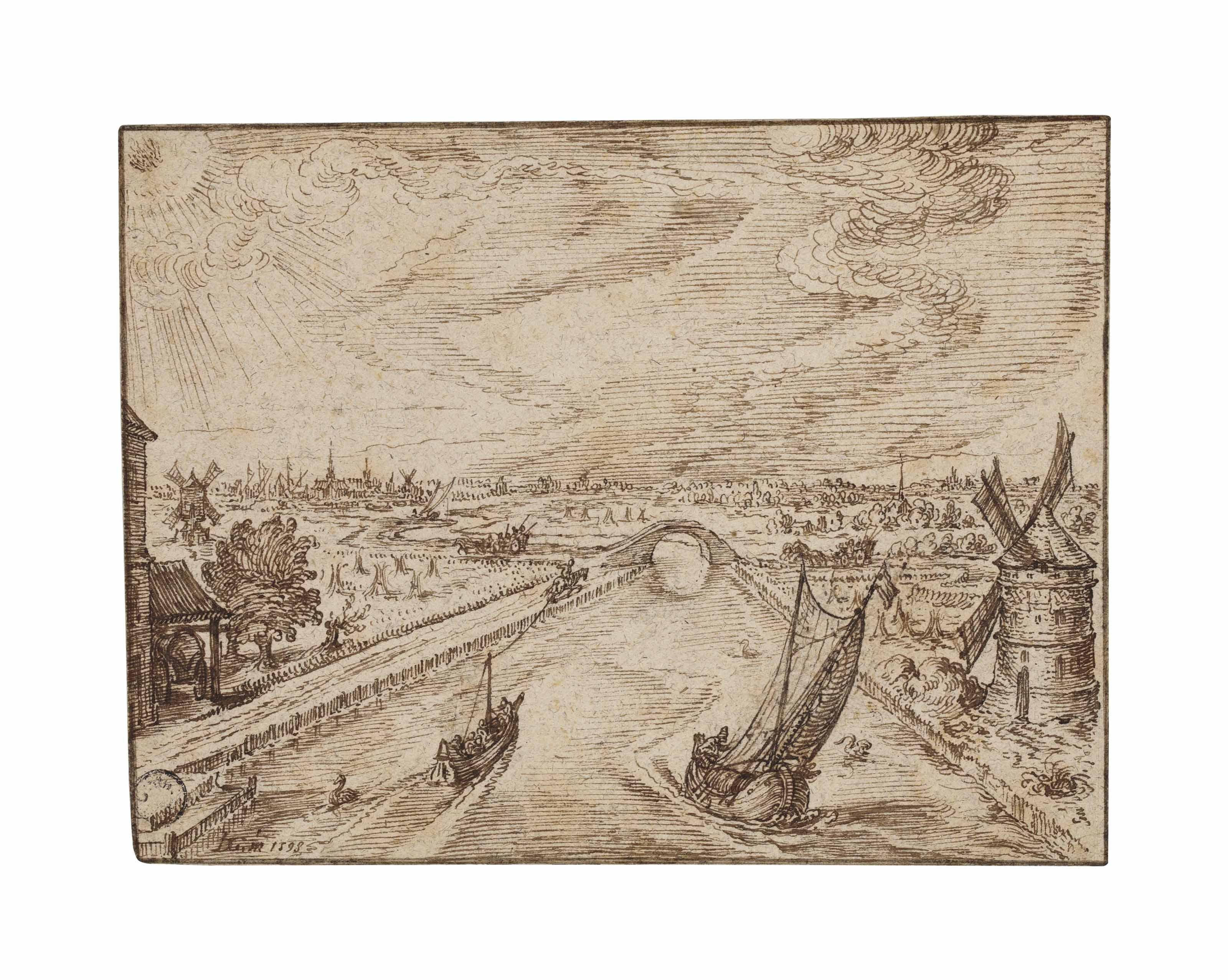 Jacques De Gheyn II - A bird\'s eye view of a canal with an arched bridge
