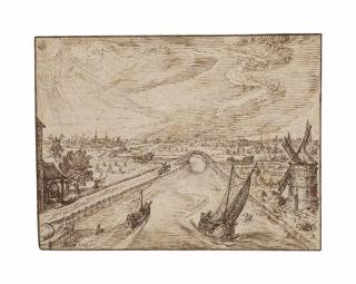 Jacques De Gheyn II - A bird\'s eye view of a canal with an arched bridge