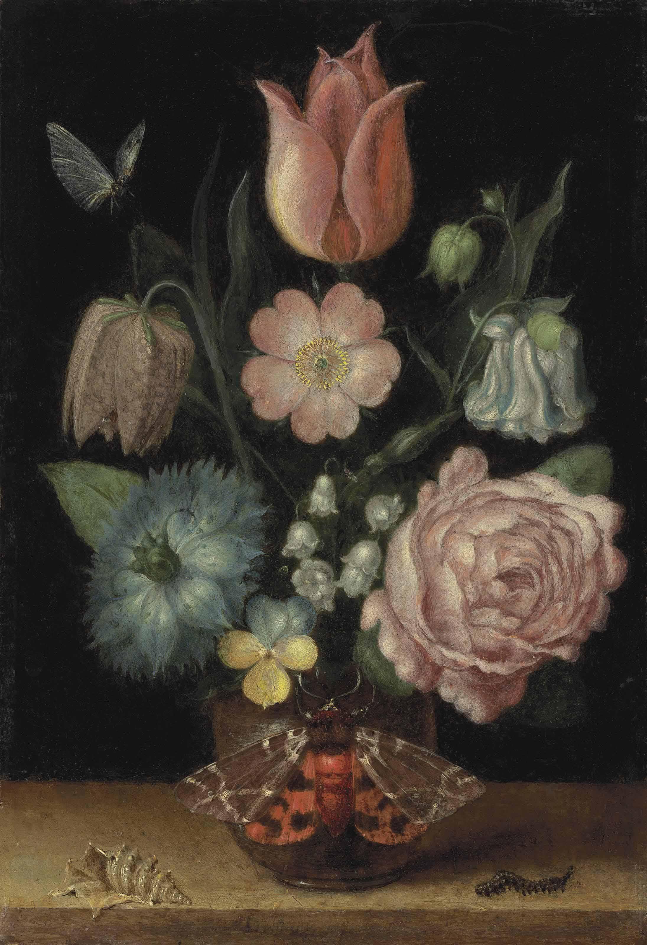 Jacques De Gheyn II - A Tulip, A Snakeshead, A Love-In-A-Mist, A Double Variegated Columbine, A Dog Rose, A Maiden’S Blush Rose, Lilies Of The Valley And A Pansy In A Pot With A Garden Tiger Moth, A Shell, And A Caterpillar On A Ledge, A Butterfly Above