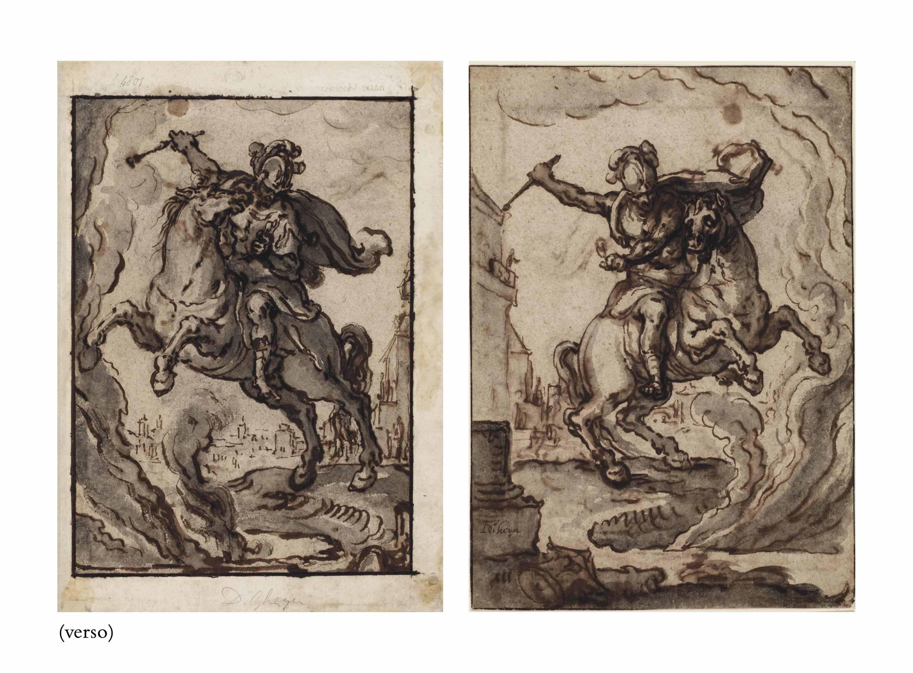 Jacques de Gheyn II - Marcus Curtius Leaping On Horseback Into The Abyss (Recto); Further Studies Of The Same (Verso)