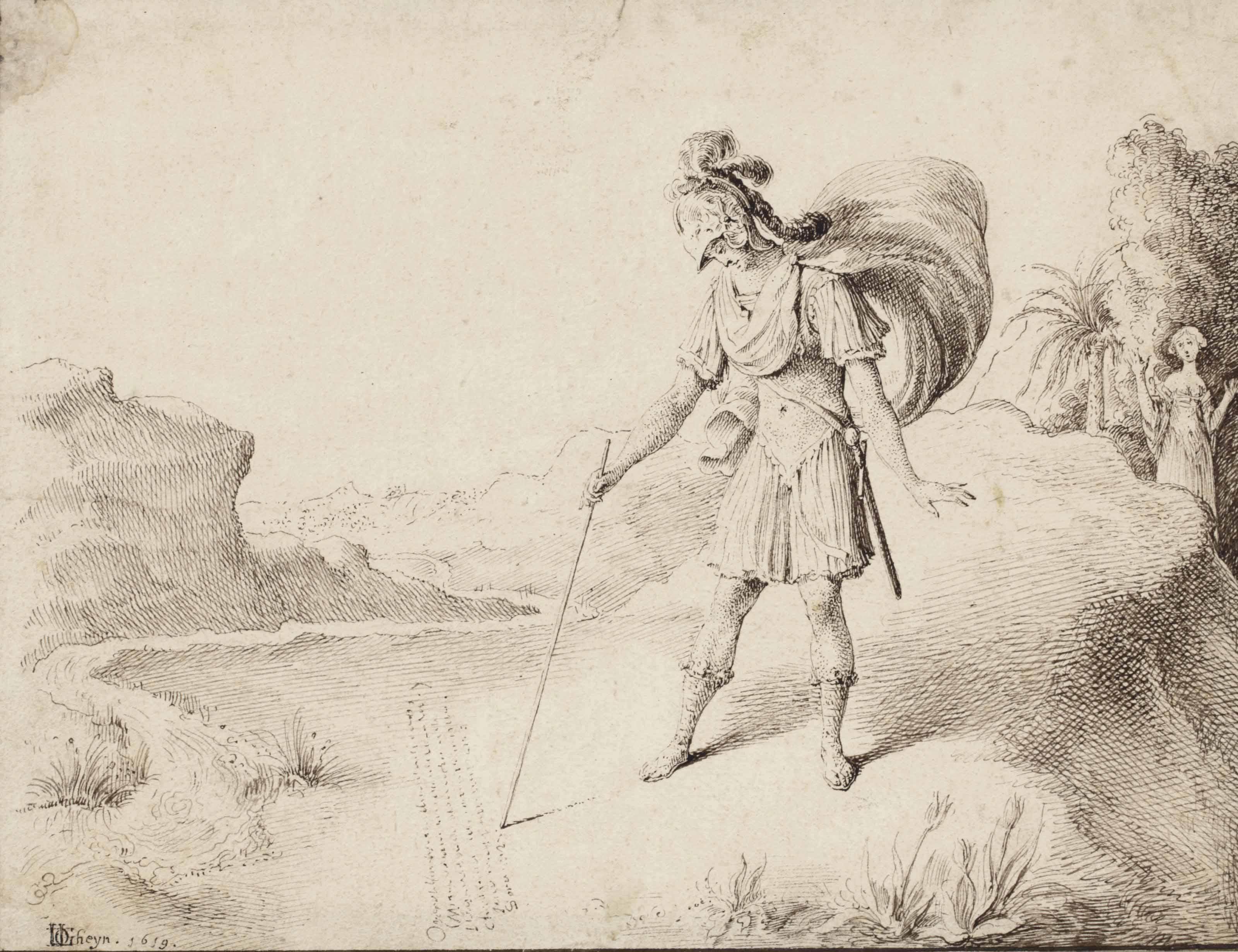 Jacques De Gheyn Iii - A man writing in the sand with a stick