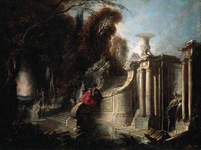 Jacques De Lajoüe - A park landscape with an elegant company conversing on a staircase