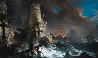 Jacques De Lajoüe - A shipwreck in stormy seas with survivors near a harbour entrance