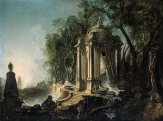 Jacques De Lajoüe - A wooded landscape with a marble pavillion and fountains, the sea beyond