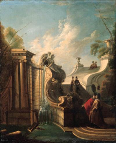 Jacques De Lajoüe - Elegant couples conversing on a staircase by a fountain