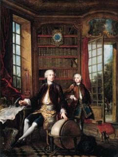 Jacques De Lajoüe - Portrait of the artist\'s son with his teacher, said to be the architect Jean-Baptiste de Courtonne the Younger, in a library