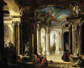 Jacques De Lajoüe - The interior of a baroque palace with elegant company conversing by fountains