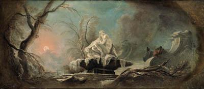 Jacques De Lajoüe - Winter: a frozen fountain with figures on a staircase, in a painted oval