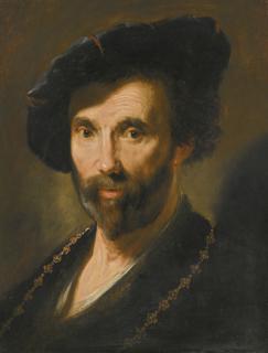 Jacques Des Rousseaux - Portrait Of A Man, Head And Shoulders, Wearing A Blue Velvet Cap And Gold Chain
