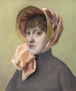 Jacques Emile Blanche - Portrait of a girl, head and shoulders, in a pink bonnet and grey coat