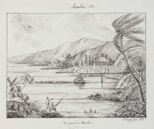 Jacques Etienne Victor Arago - Bourbon, 1818: Vue prise à Bourbon; Vue de l\'encaissement de la rivière des galets prise de la gd route; and Vue de l\'encaissement de la rivière de St. Denis, prise des remparts de la ville, 1818