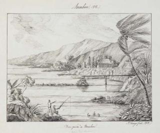 Jacques Etienne Victor Arago - Bourbon, 1818: Vue prise à Bourbon; Vue de l\'encaissement de la rivière des galets prise de la gd route; and Vue de l\'encaissement de la rivière de St. Denis, prise des remparts de la ville, 1818