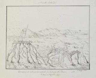 Jacques Etienne Victor Arago - Nouvelle-hollande. Observatoire et cabanes des naturels de la presqu\'île Peron. 1818